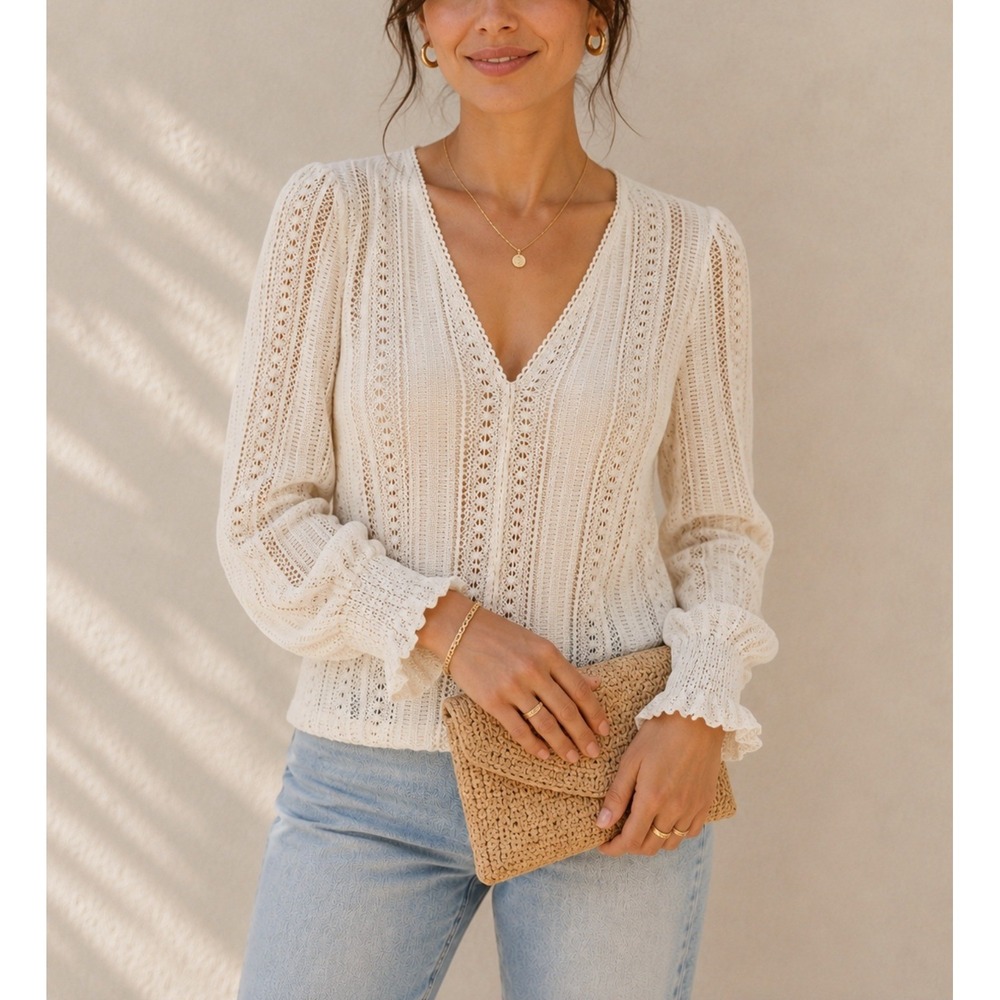 Easy Clothes Ecru Crochet Lace V-Neck Blouse Romantic Boho Cottagecore -  M